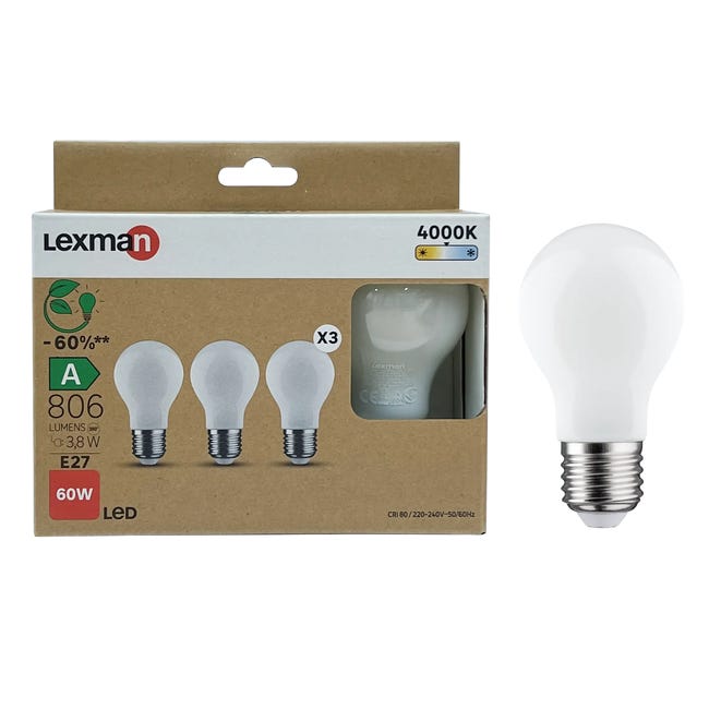 Set da 3 lampadine LED, bulbo, opaco, luce calda, 3.8W=806LM (equiv 806 W),  330° , LEXMAN