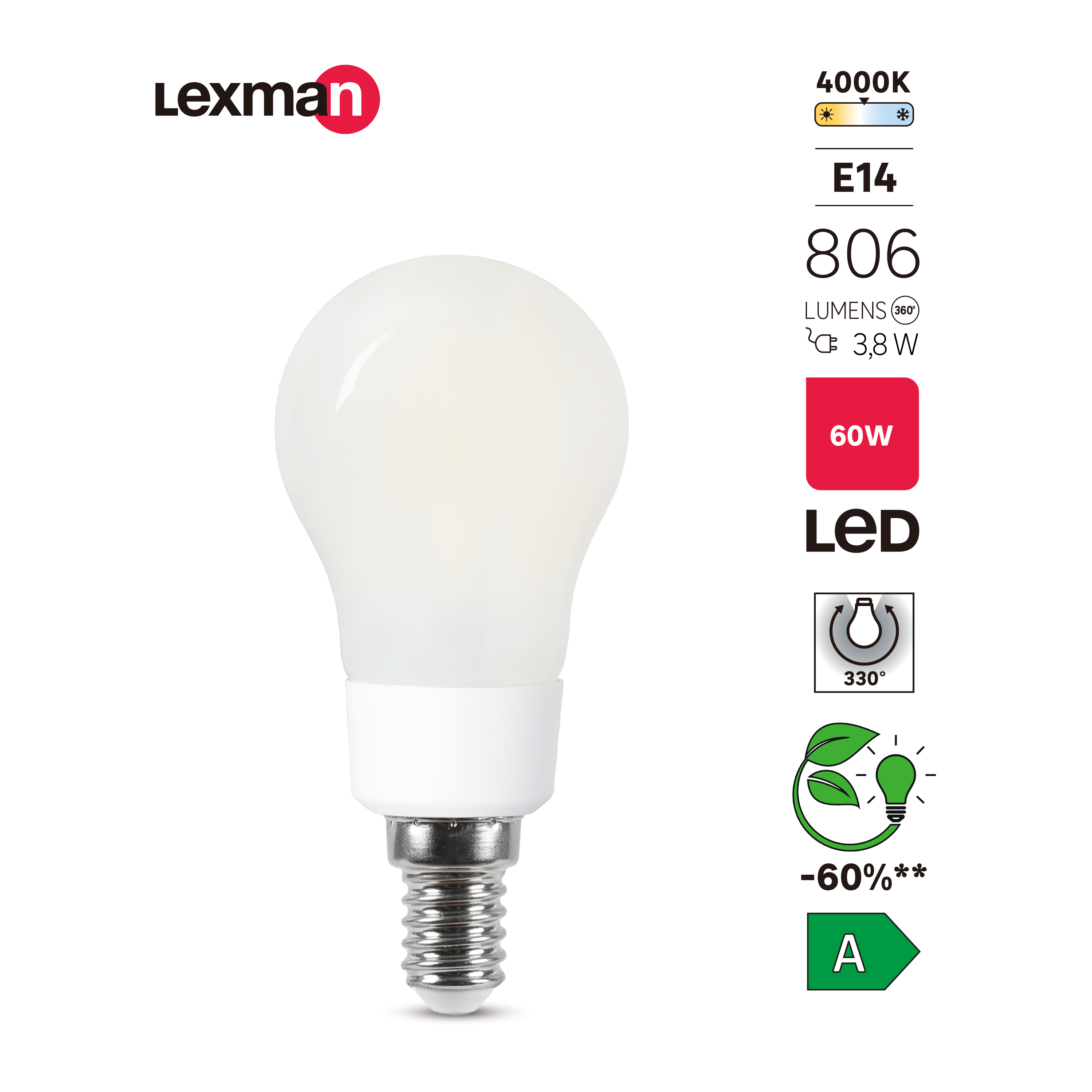 Lampadina LED, sferico, opaco, luce naturale, 3.8W=806LM (equiv 60 W), 330°  , LEXMAN
