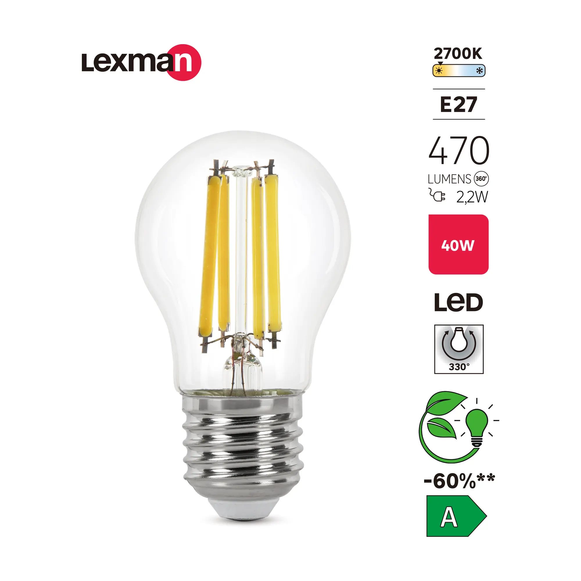 Lampadina LED, sferico, trasparente, luce calda, 2.2W=470LM (equiv 40 W),  330° , LEXMAN