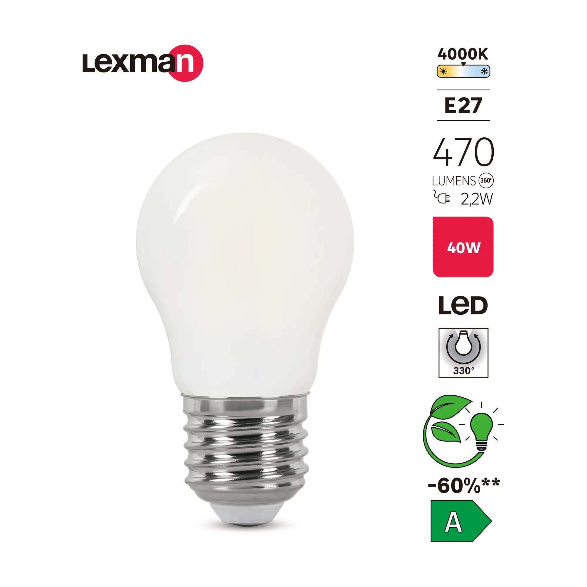 Lampadina LED, sferico, opaco, luce naturale, 2.2W=470LM (equiv 40 W), 330°  , LEXMAN