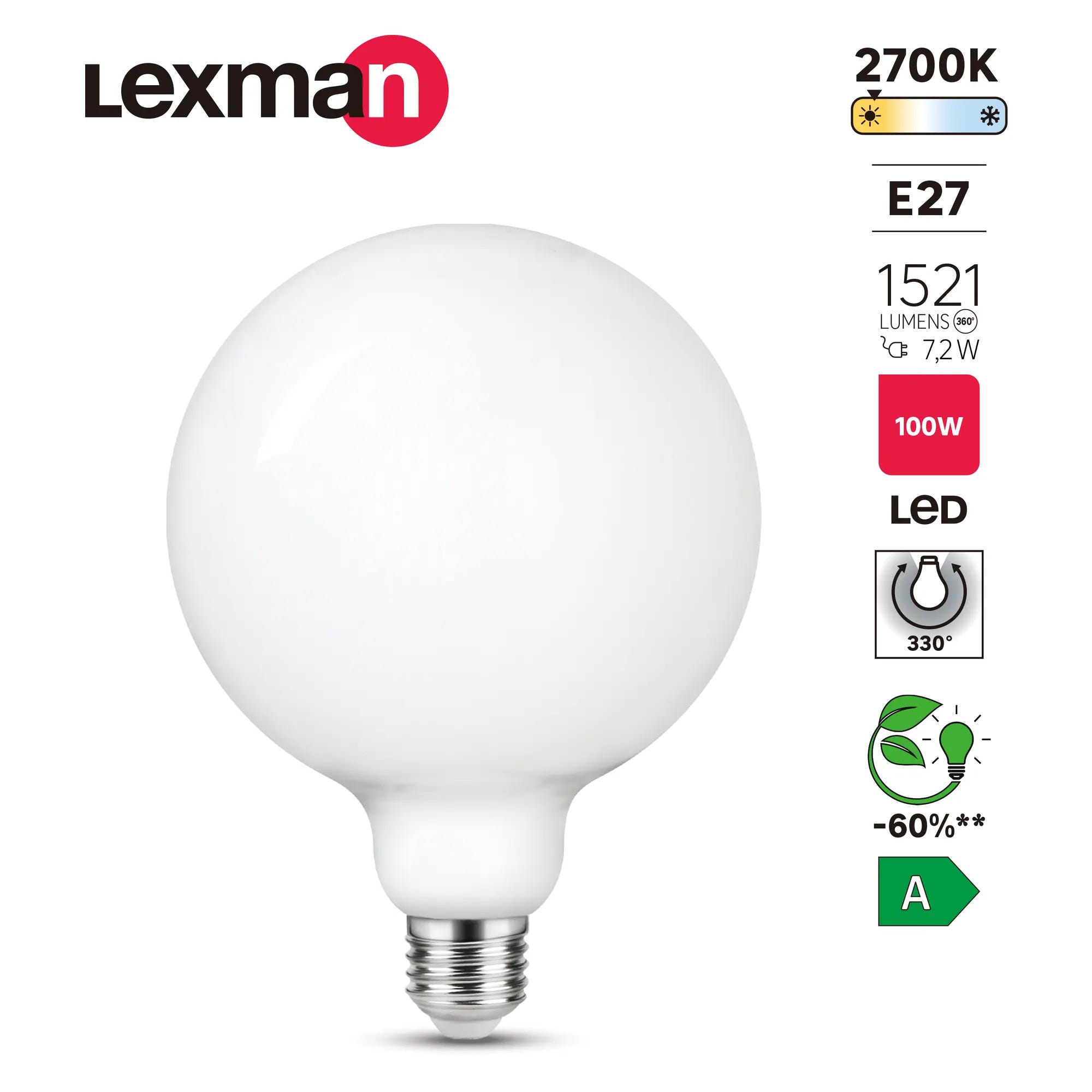 Lampadina LED, globo, opaco, luce calda, 7.2W=1521LM (equiv 100 W), 330° ,  LEXMAN