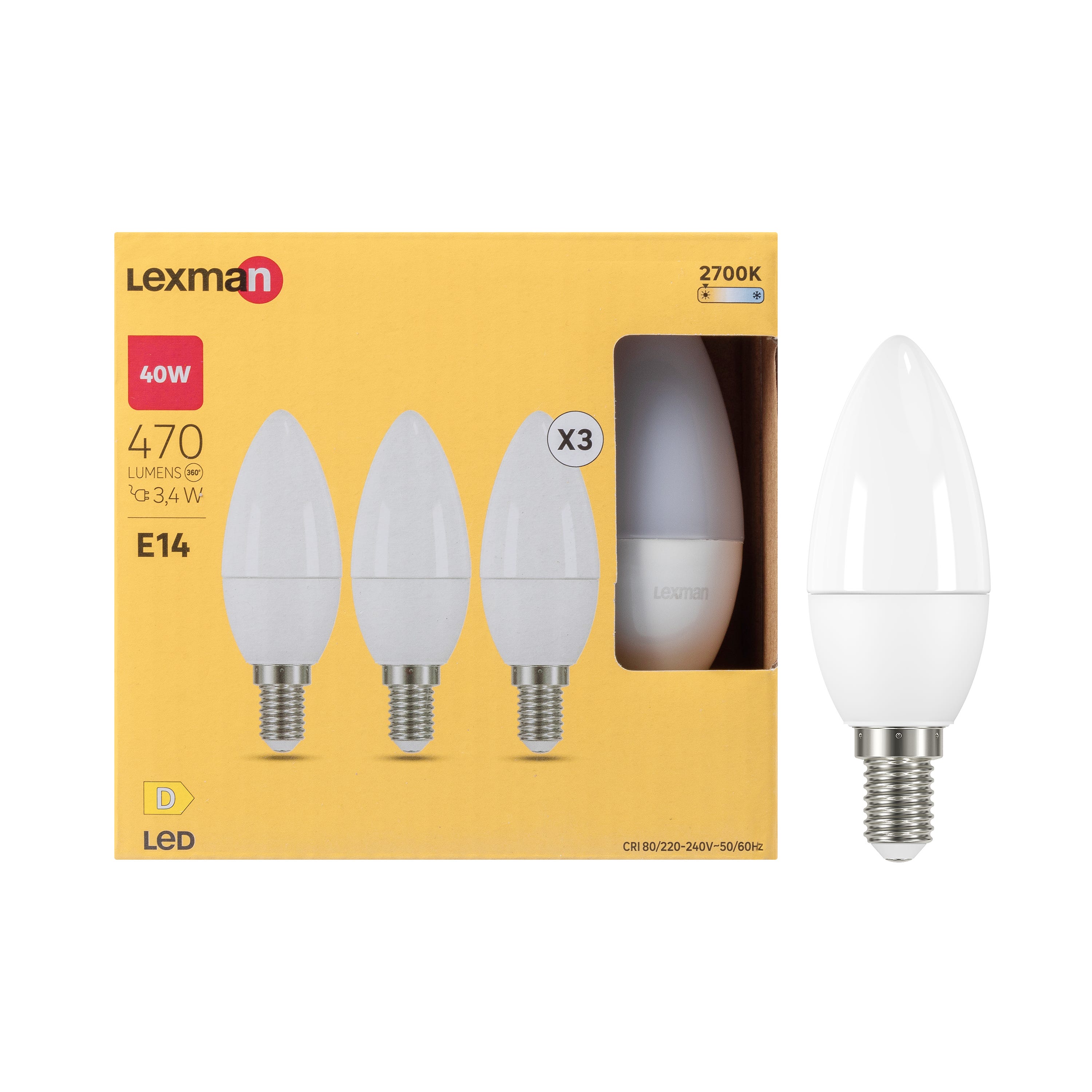 Set da 3 lampadine LED, oliva, trasparente, luce calda, 3.4W=470LM (equiv  40 W), 300° , LEXMAN