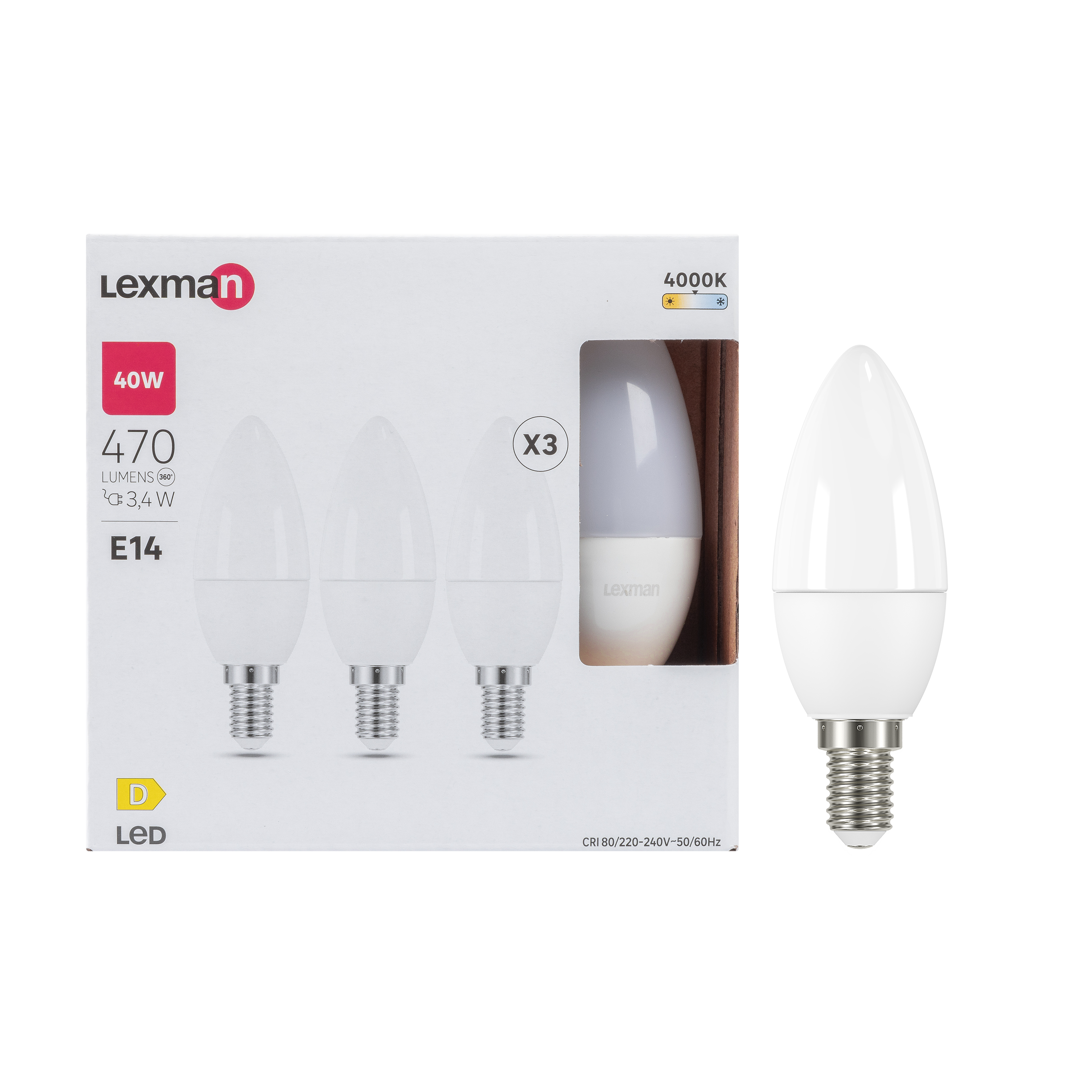 Set da 3 lampadine LED, faretto, trasparente, luce naturale, 4.4W=450LM  (equiv 50 W), 100° , LEXMAN