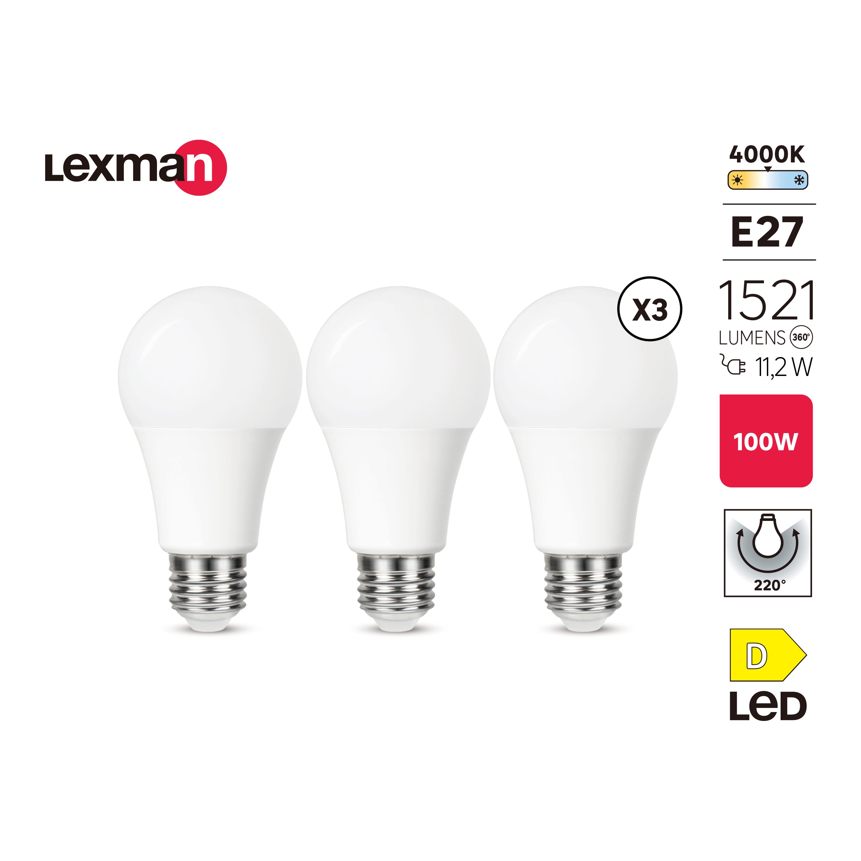 Set da 3 lampadine LED, goccia, trasparente, luce naturale, 11.2W=1521LM  (equiv 100 W), 220° , LEXMAN
