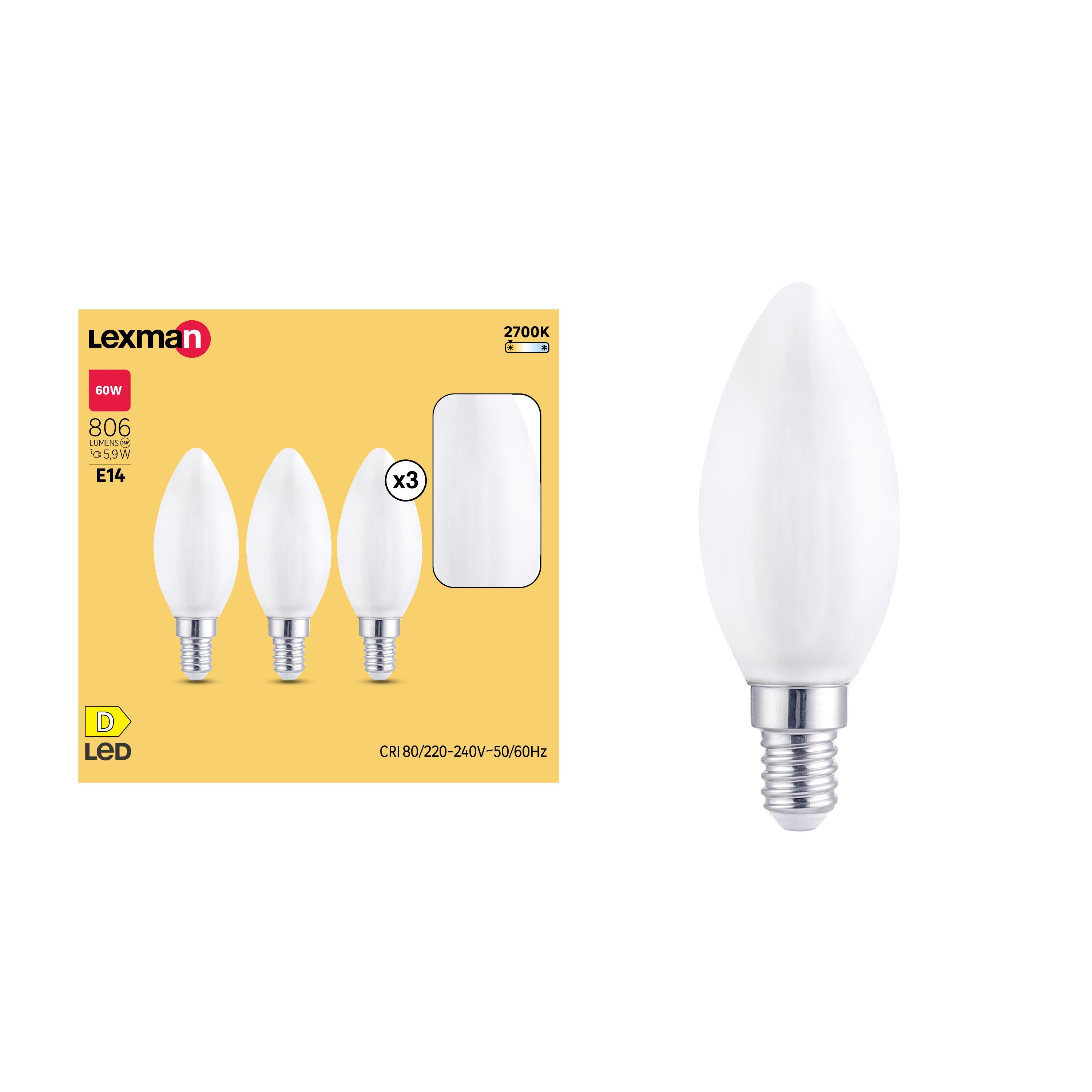 Set da 3 lampadine LED filamento, oliva, opaco, luce calda, 5.9W=806LM ( equiv 60 W), 330° , LEXMAN