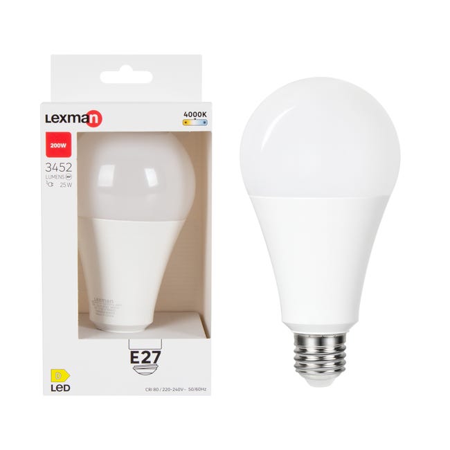 Lampadina LED, goccia, smerigliato, luce naturale, 25W=3452LM (equiv 200  W), 200° , LEXMAN