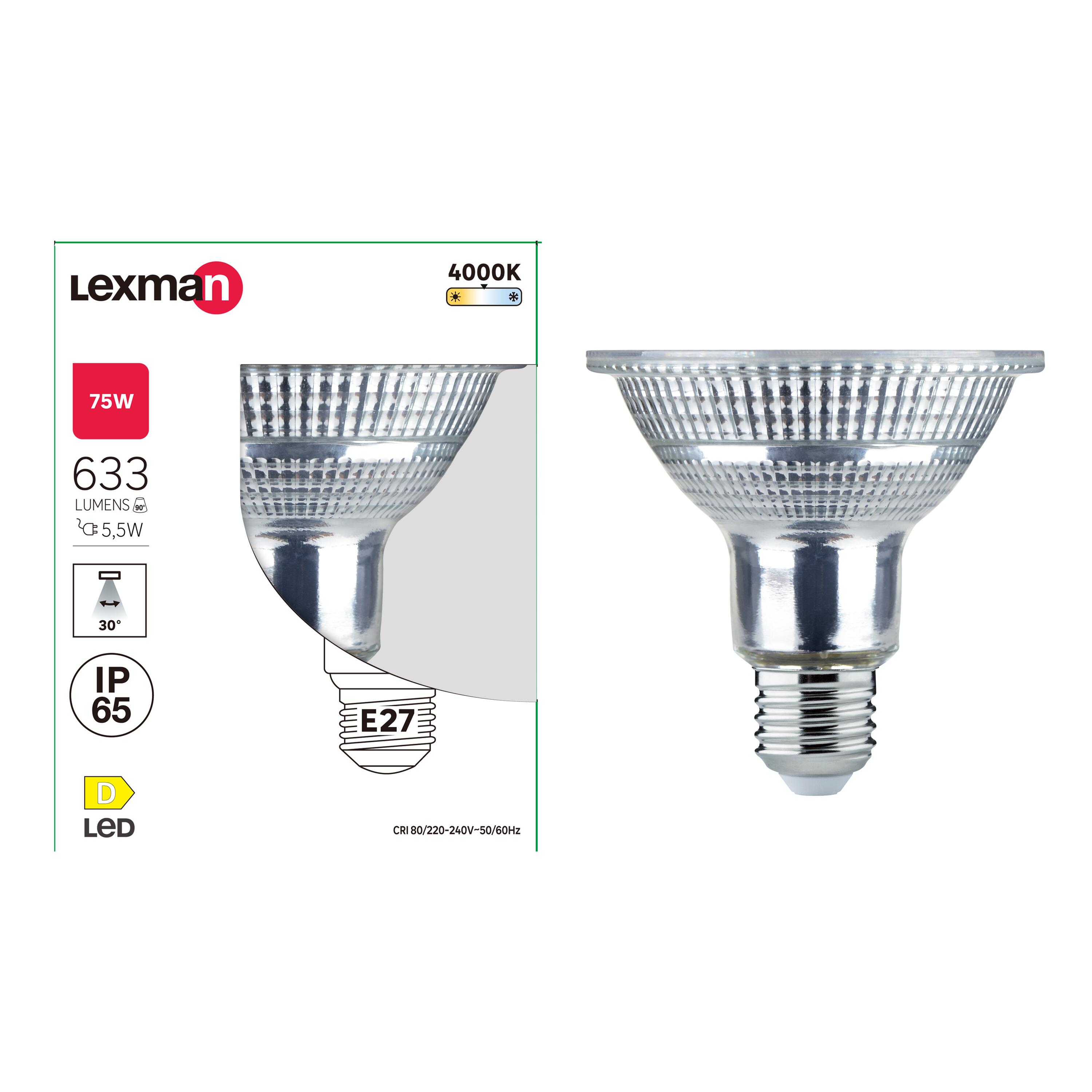 Lampadina LED, faretto, trasparente, luce naturale, 5.5W=633LM (equiv 75  W), 30° , LEXMAN