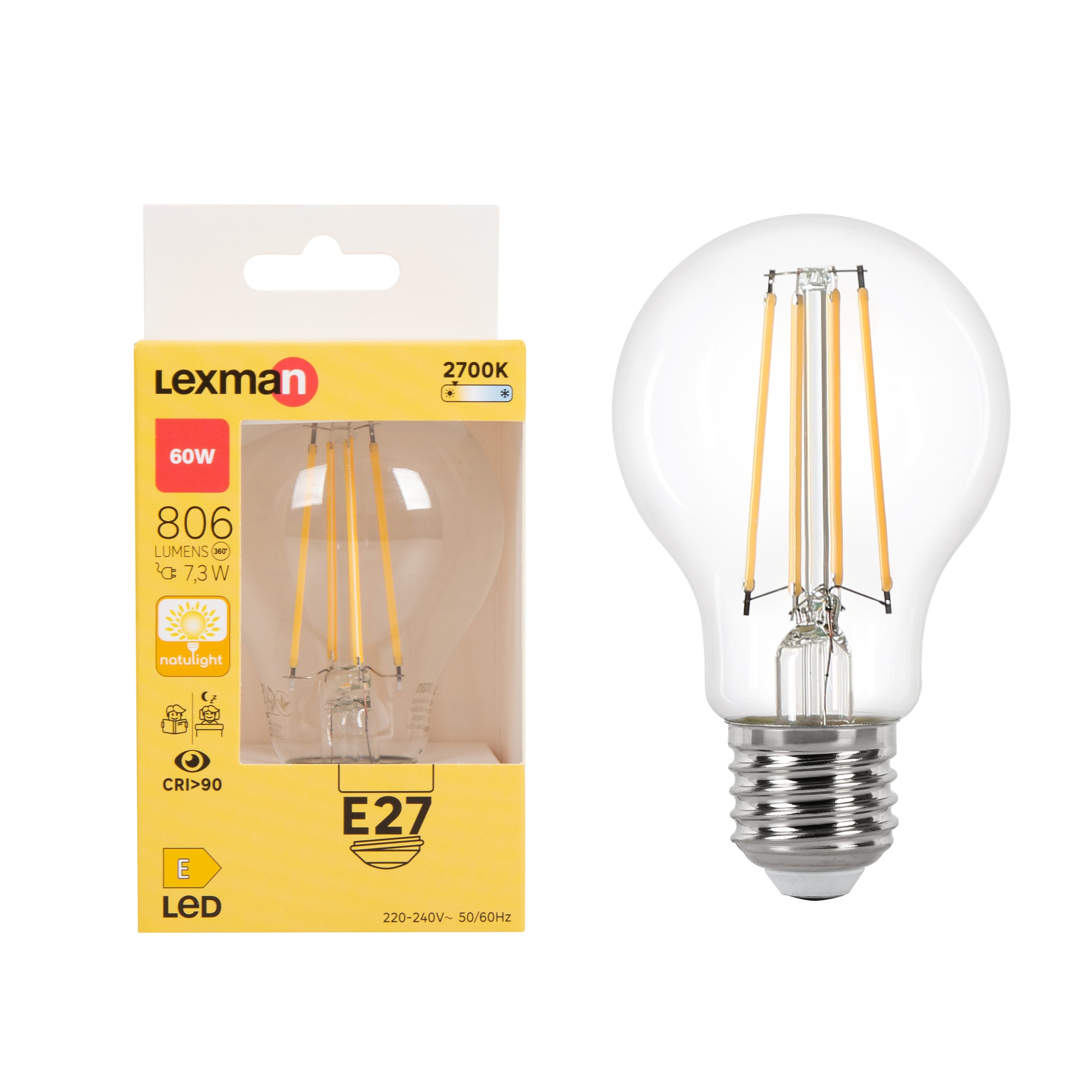 Lampadina LED, goccia, trasparente, luce calda, 7.3W=806LM (equiv 60 W),  330° , LEXMAN