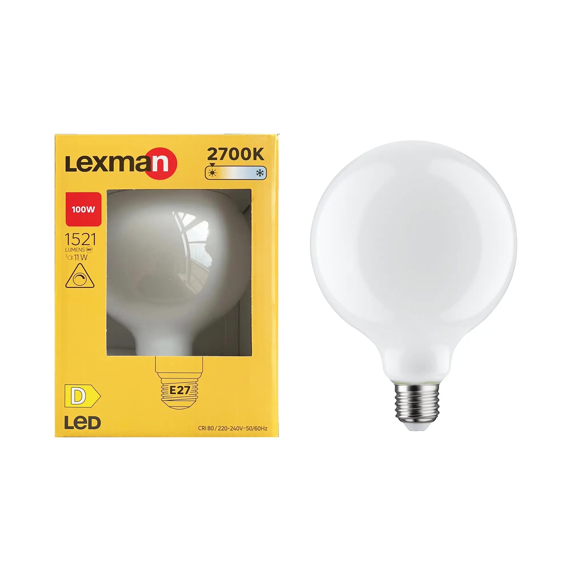 Lampadina LED, globo, opaco, luce calda, 11W=1521LM (equiv 100 W), 330°  dimmerabile, LEXMAN