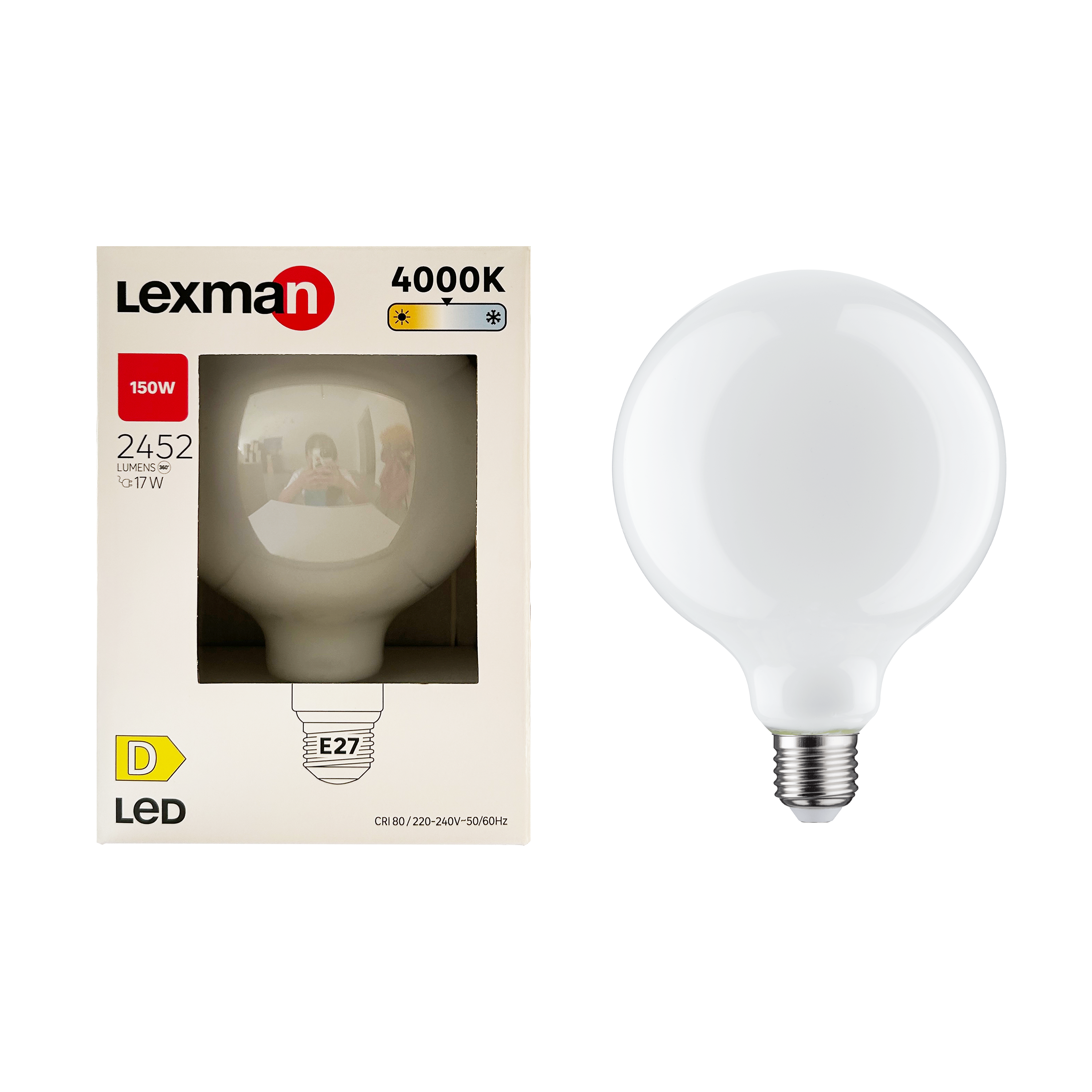Lampadina LED, globo, opaco, luce naturale, 17W=2452LM (equiv 150 W), 330°  , LEXMAN