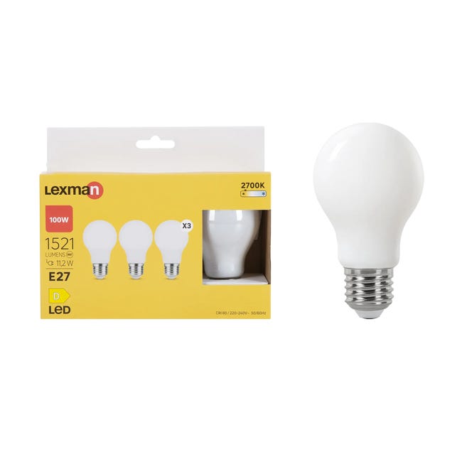Set da 3 lampadine LED, goccia, opaco, luce calda, 11.2W=1521LM (equiv 100  W), 330° , LEXMAN