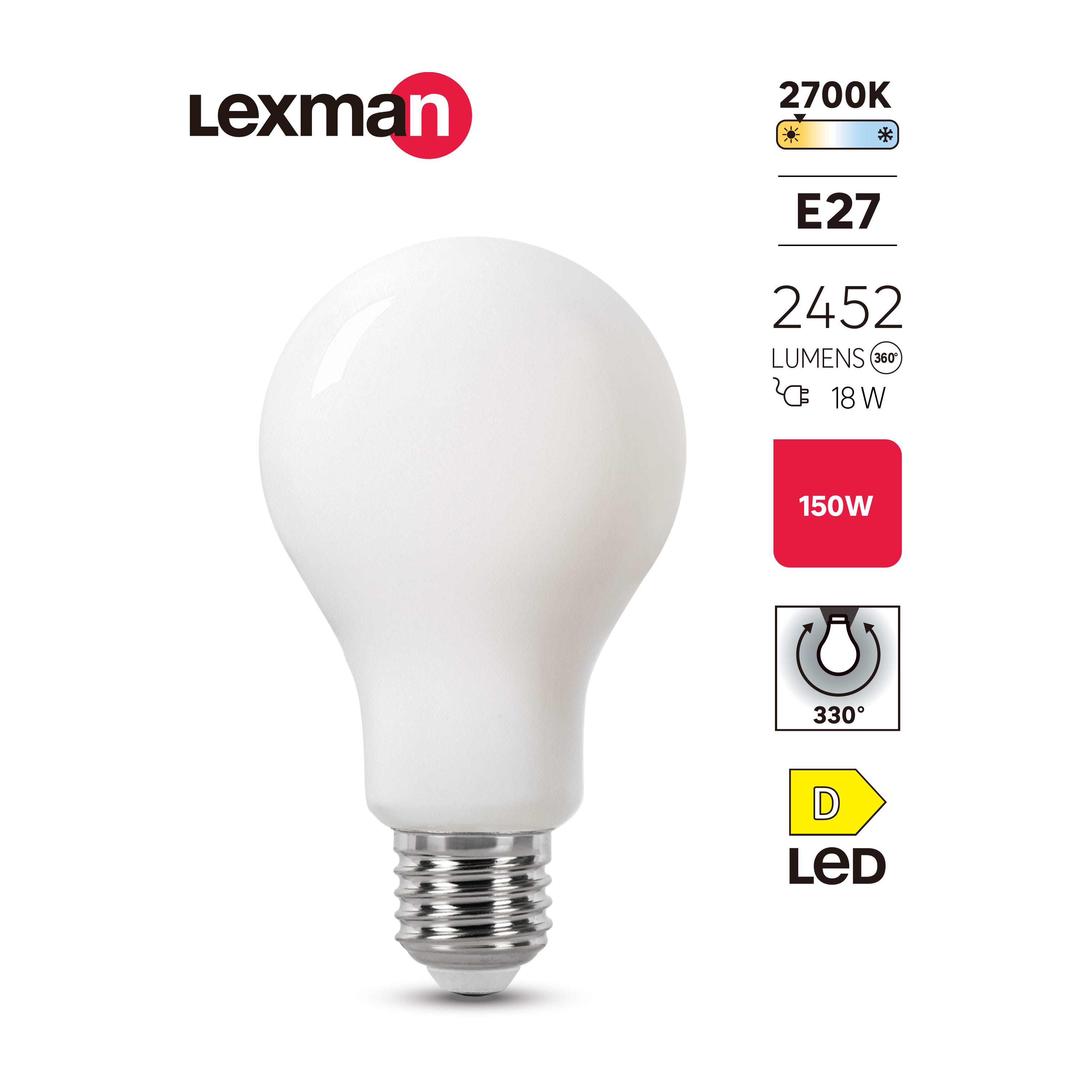 Lampadina LED, goccia, opaco, luce calda, 18W=2452LM (equiv 150 W), 330° ,  LEXMAN