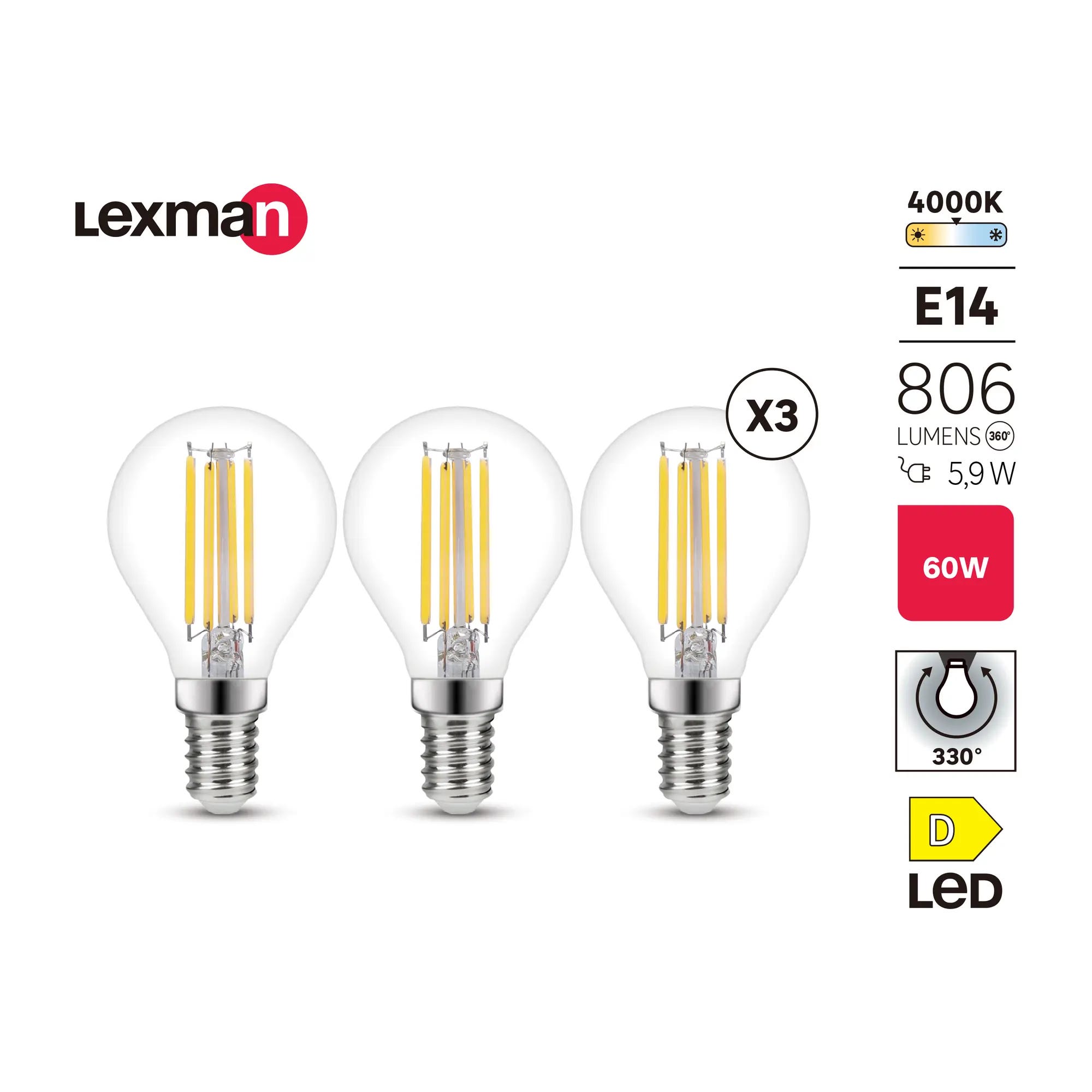 Set da 3 lampadine LED, sferico, trasparente, luce naturale, 5.9W=806LM  (equiv 60 W), 330° , LEXMAN
