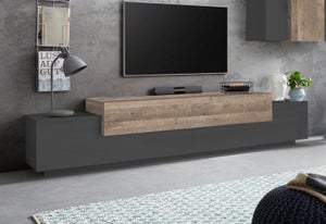 Parete attrezzata soggiorno con mobile TV sospeso 260x150 rovere e bianco