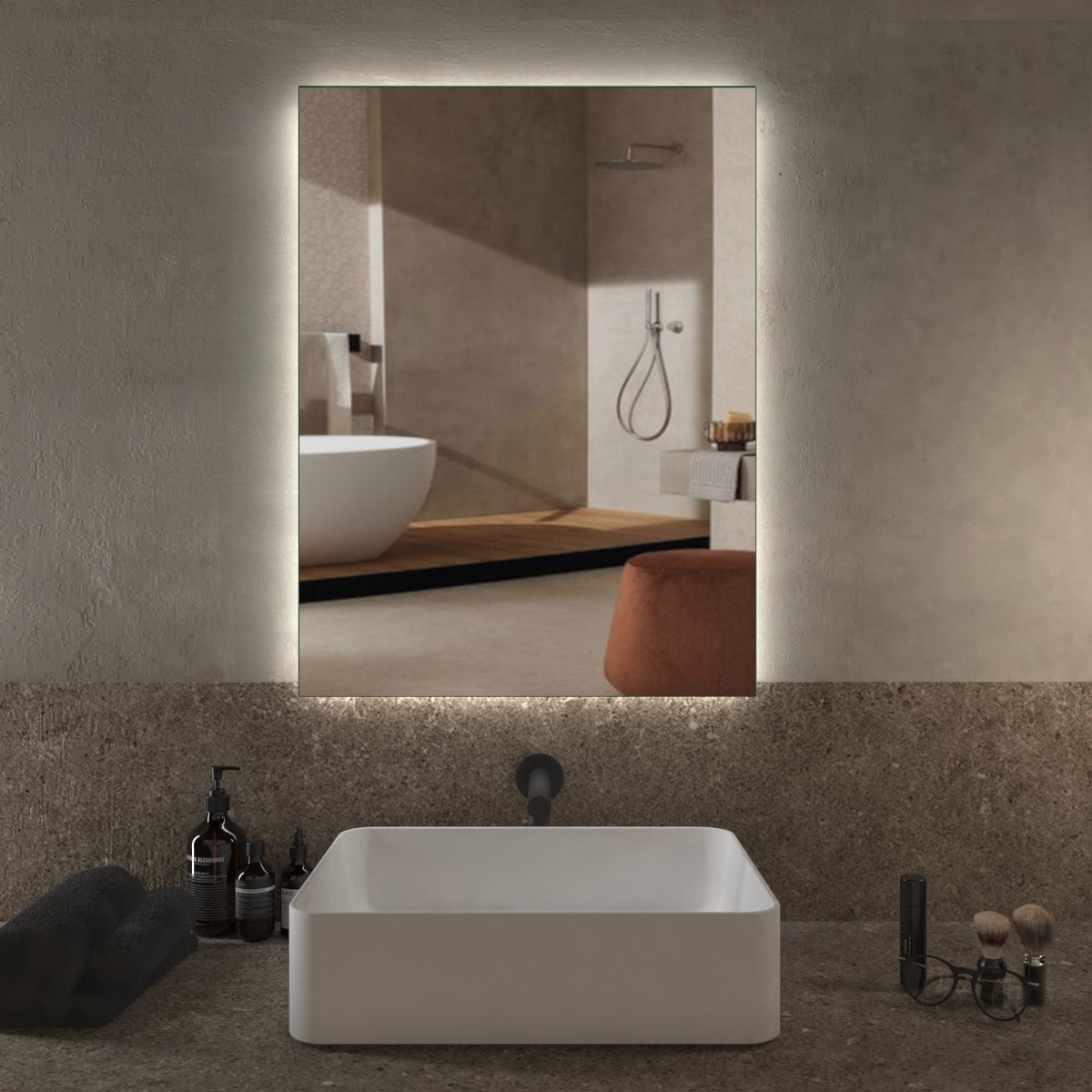 Dmora - Specchio Dabadal, Specchio da bagno, 100% Made in Italy, cm  80x2h60, Cemento