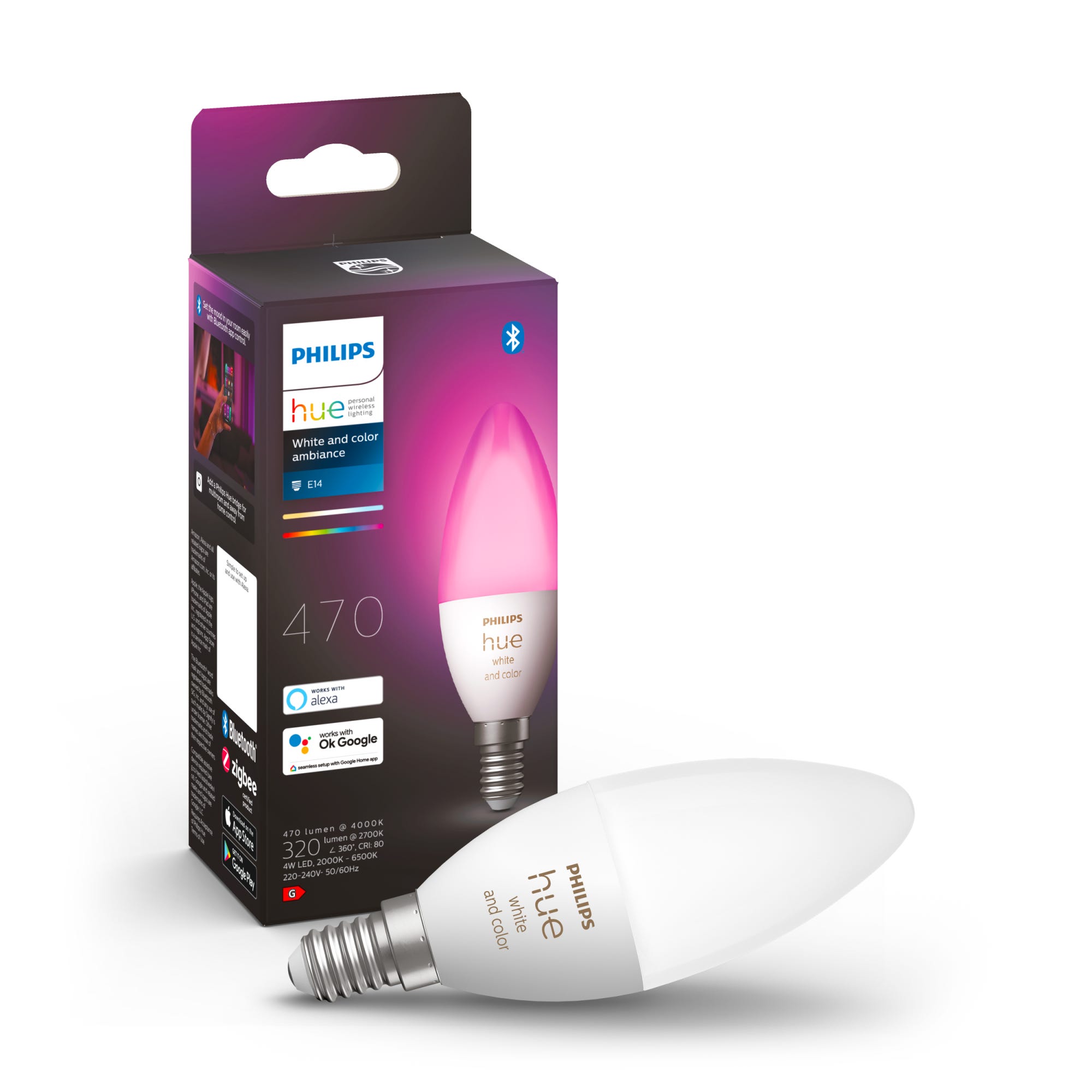 Lampadina smart Hue Color, LED, oliva, trasparente, luce cct e rgb,  5.3W=470LM (equiv 5,3 W), 200° dimmerabile, PHILIPS HUE