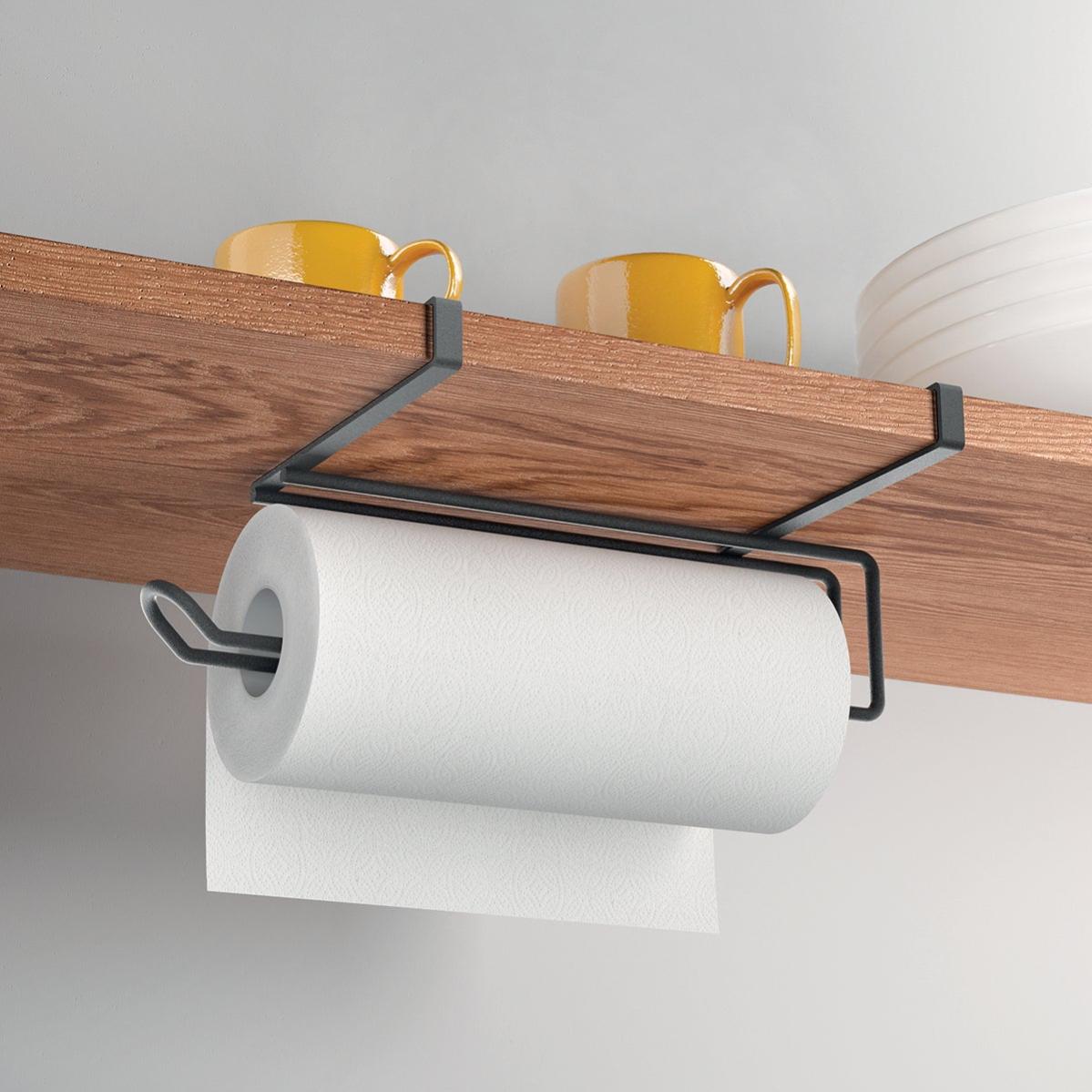 MINISMUS Porta Rotolo da Cucina – Portarotolo in Acciaio Inox con Barra di Stabilizzazione, Senza Forature – Portarotoli Moderno per Rotoli Standard (Nero