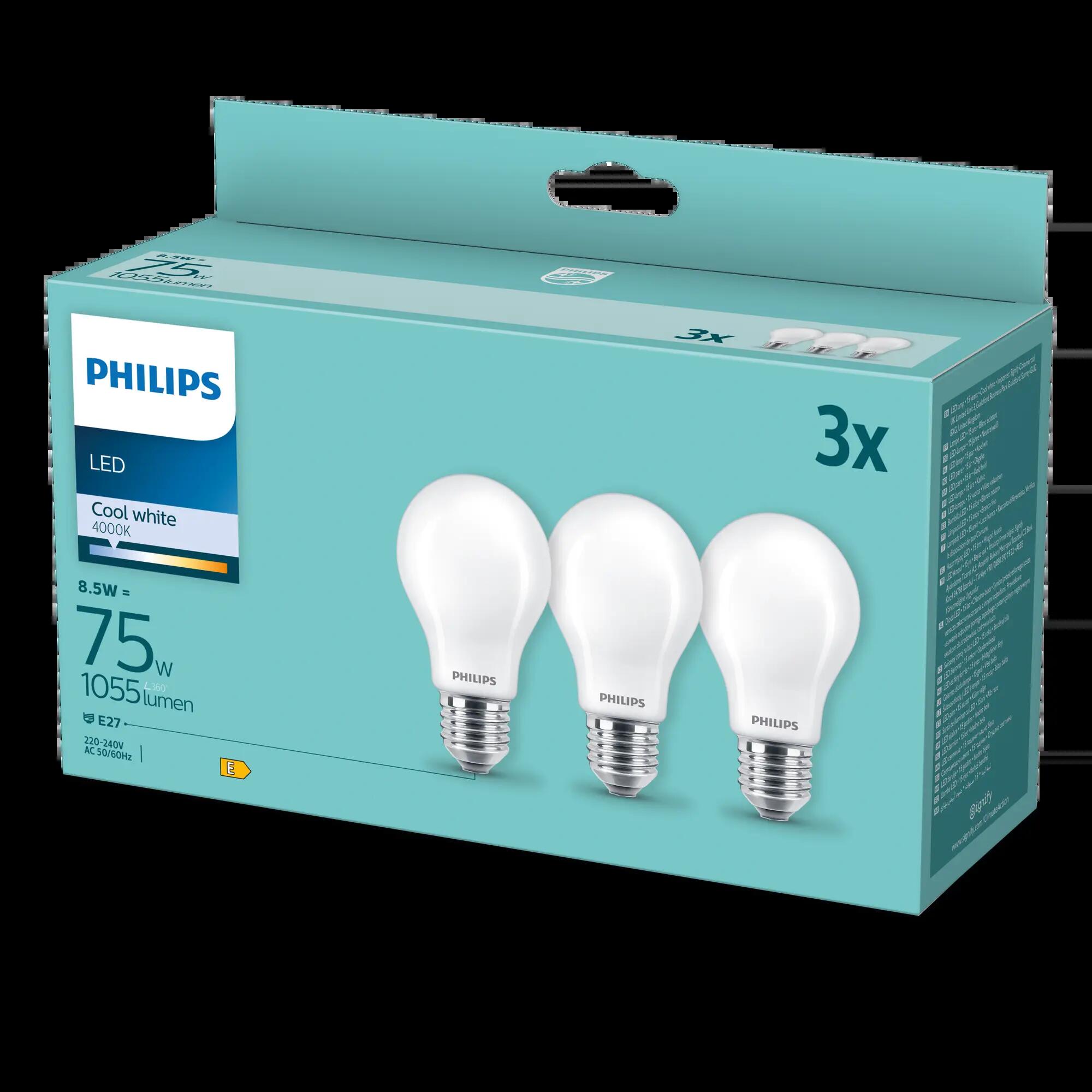 Set da 3 lampadine LED, goccia, opaco, luce fredda, 75W=1055LM (equiv 75  W), 360° , PHILIPS