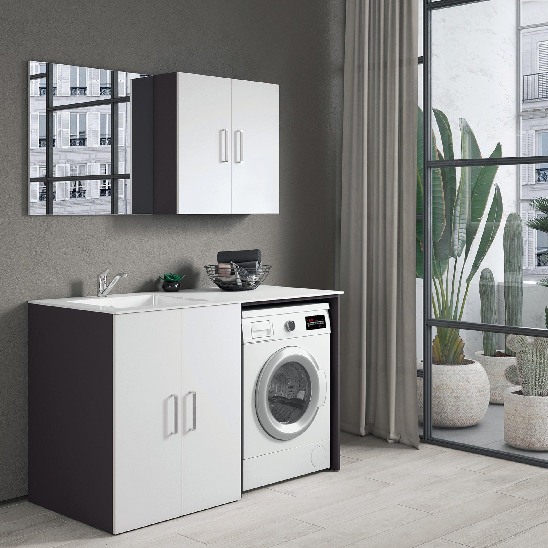 Mobile lavanderia 140 cm con lavabo sx e colonna porta lavatrice e  asciugatrice bianco e frassino - Suize Plus