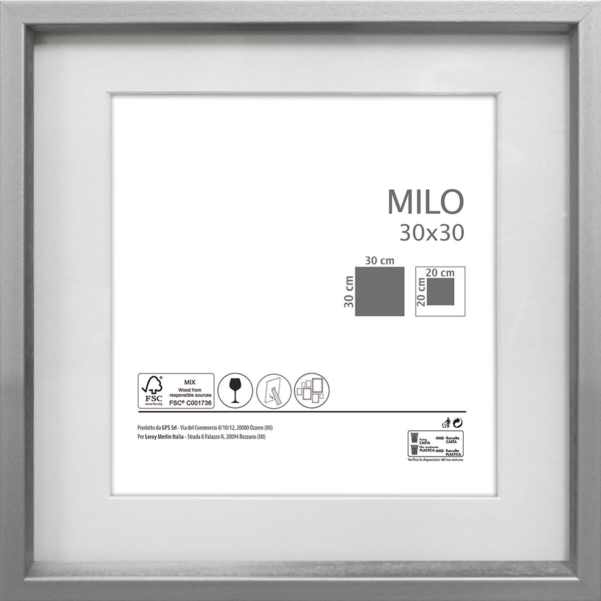 Cornice con passe-partout MILO 2, argento 30x30 cm per immagini 30x30 cm