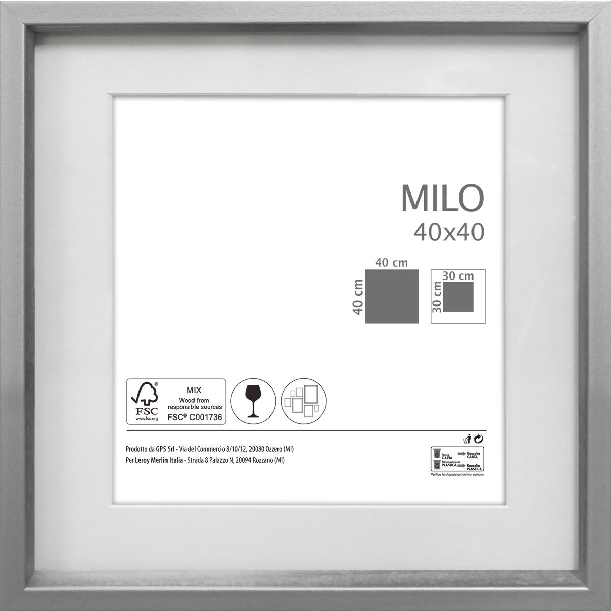 Cornice con passe-partout MILO 2, argento 40x40 cm per immagini 40x40 cm