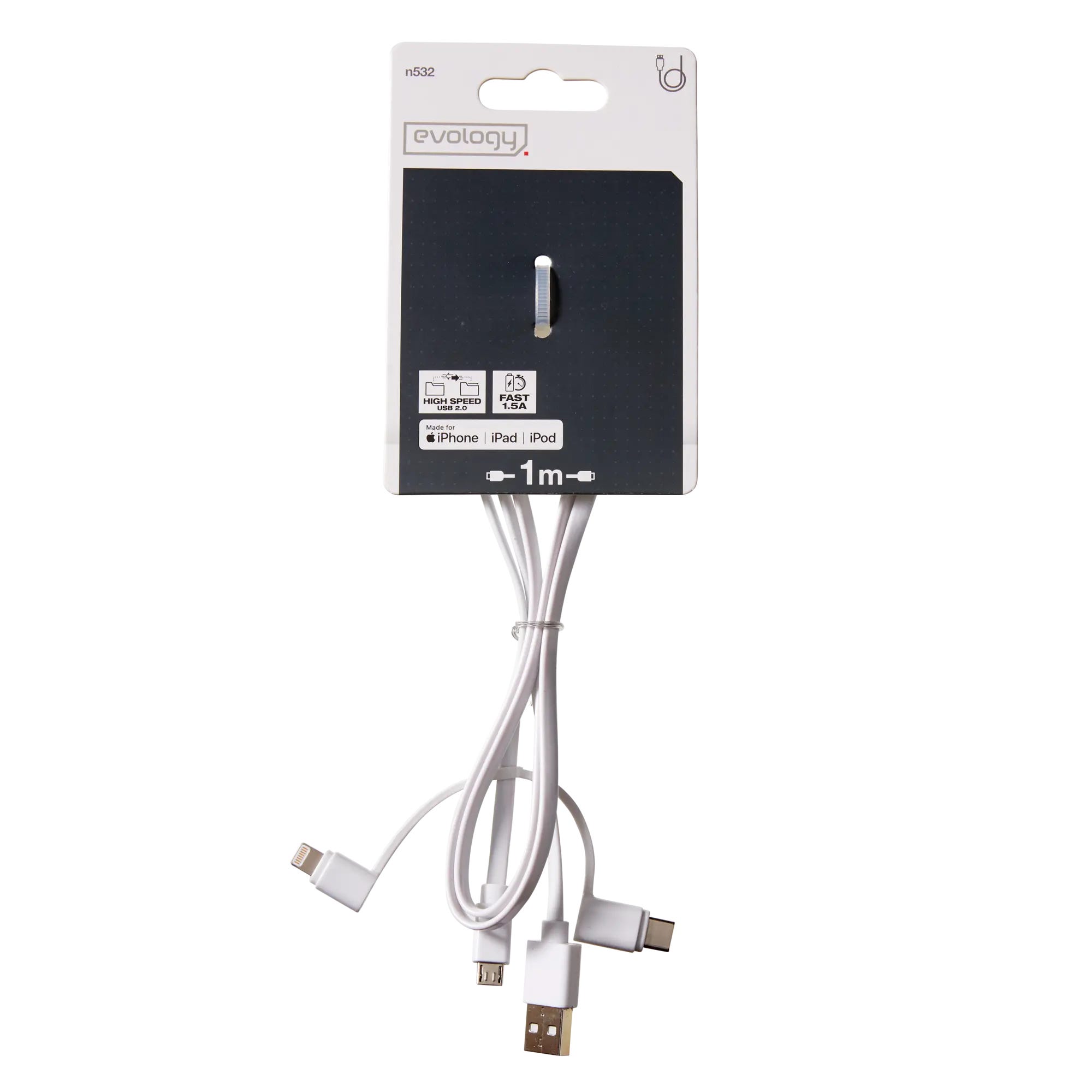 Câble chargeur lightning iPhone, 1 m blanc EVOLOGY