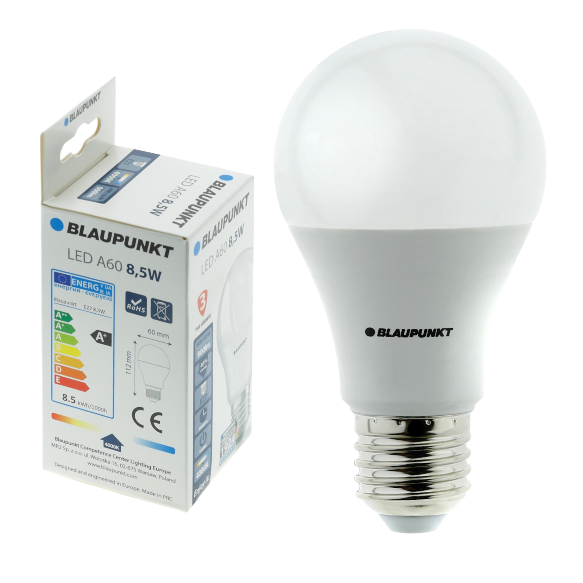 Żarówka LED E27 8.5 W = 60 W 900 lm Ciepła biel Blaupunkt