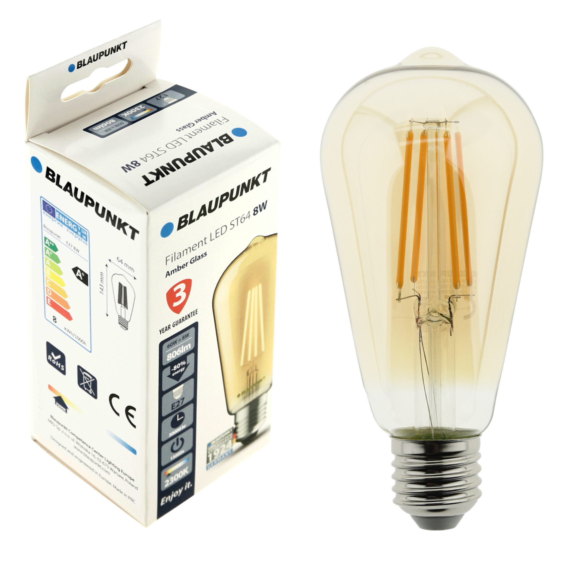 Żarówka LED E27 8 W = 60 W 806 lm Ciepła biel Blaupunkt