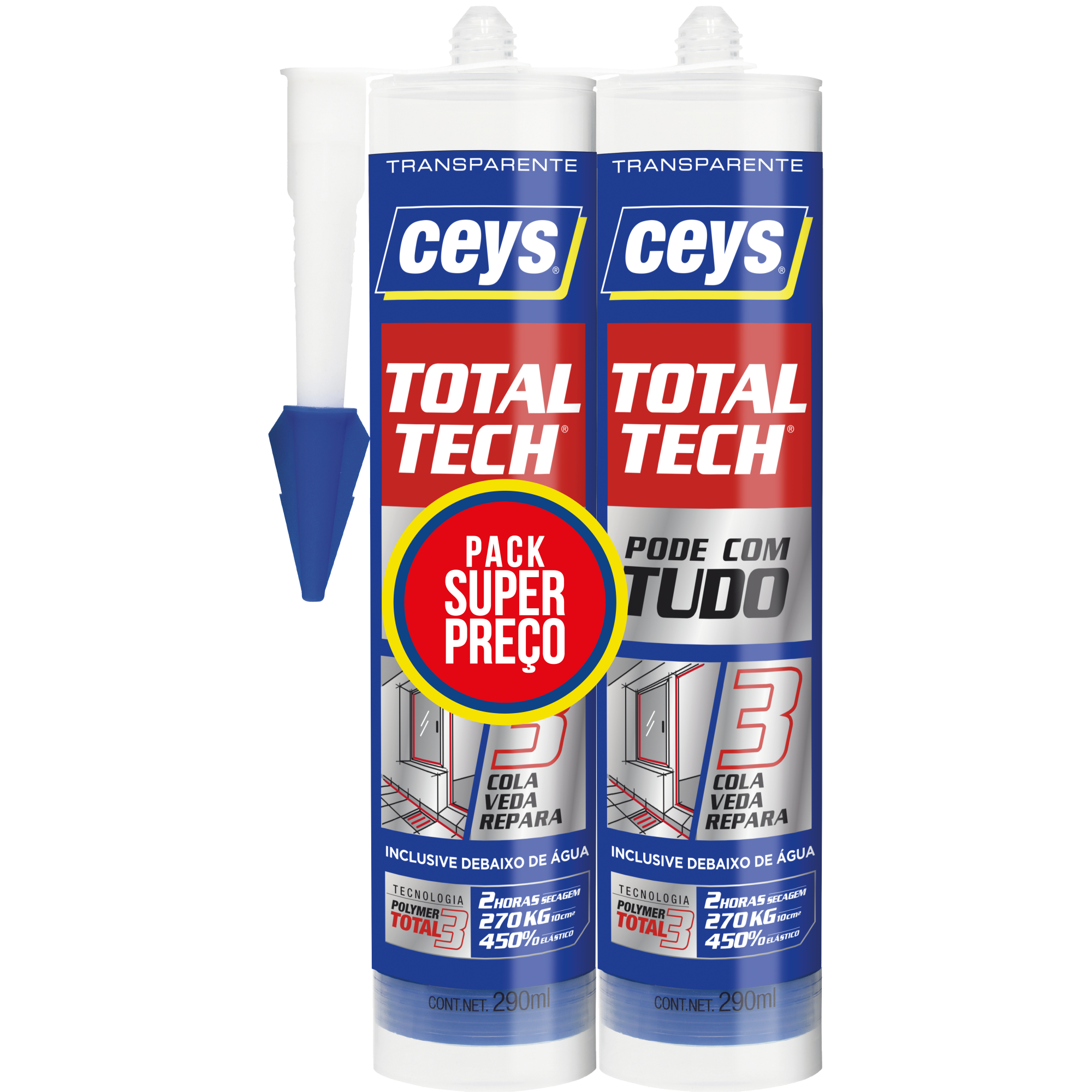 Kit com 2 Total Tech cola veda e repara transparente 290 ml cada Ceys