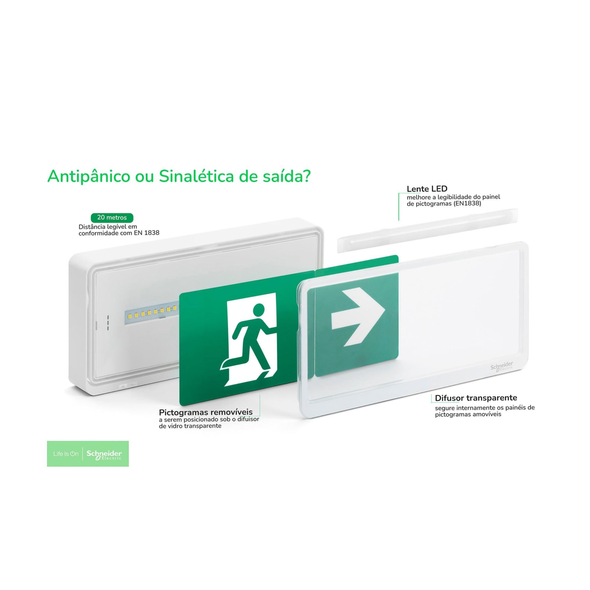 Luz de emergência SCHNEIDER EXIWAY LED ATÉ 100LM IP65 PERMANENTE/NÃO