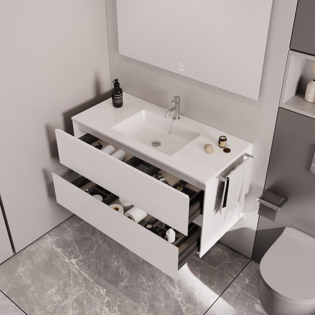 Móvel de casa de banho suspenso 2 gavetas branco brilhante 80X45X55cm Ritz