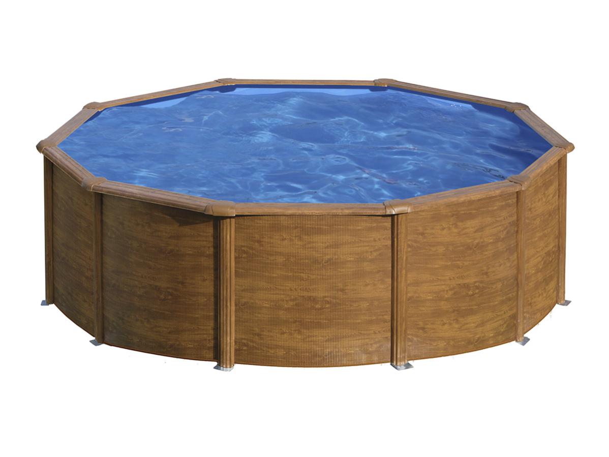 Gre - Kit Piscine Hors Sol Acier Ronde Imitation Bois - Pacific - Ø480 X 122 Cm (Livrée Avec Une Échelle Et Un Filtre A Sable)