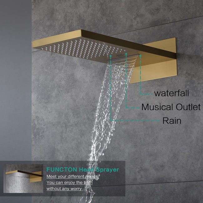 Ducha lluvia de pared dorada 560x230 mm, termostática, Xirok