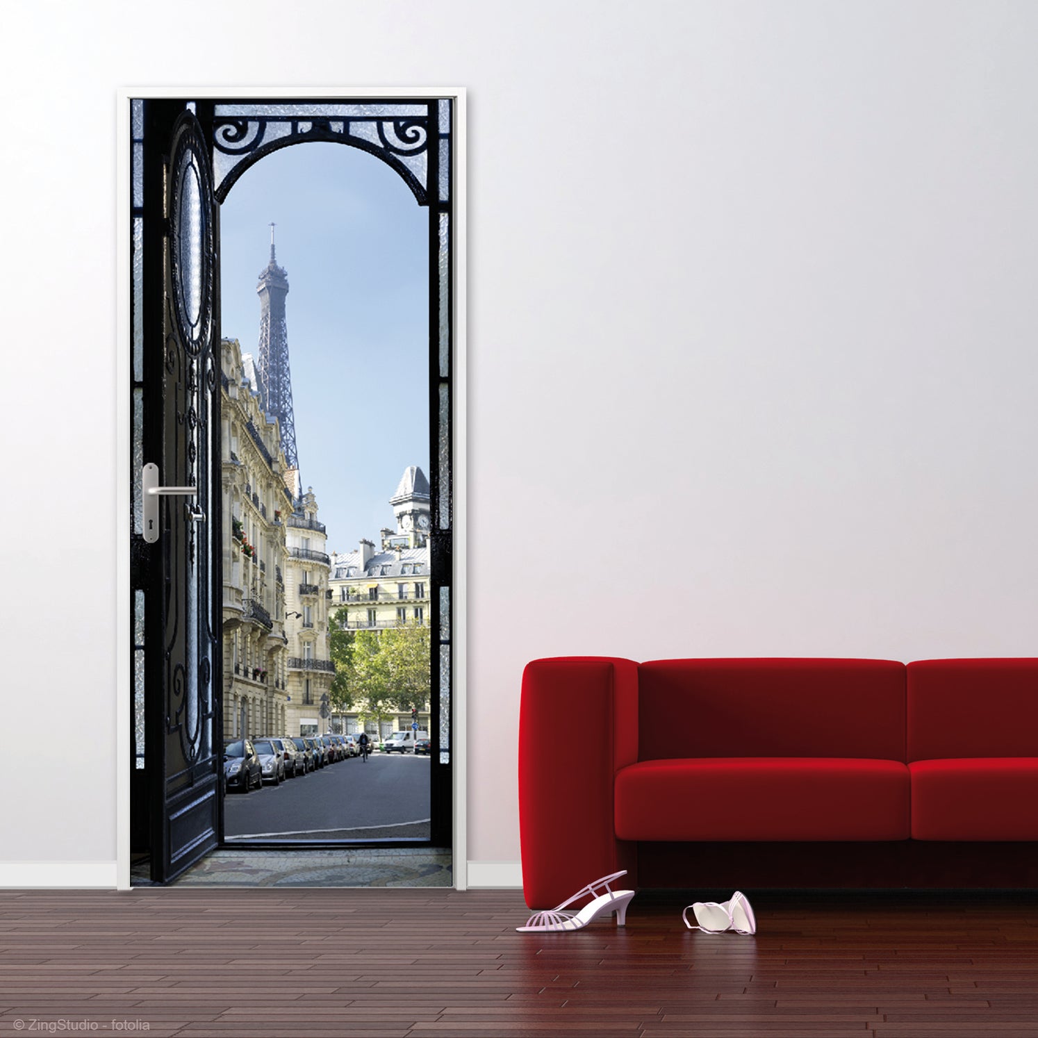 Sticker décoratif pour porte, trompe l'oeil porte en fer noir ouverte sur  les rues de paris, tour eiffel, voiture, immeubles parisien,, 204 cm X 83  cm