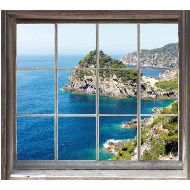 Sticker adesivi murali, costolette di finestra Trompe-L'oeil e foto del  mare blu, 75 cm x 60 cm
