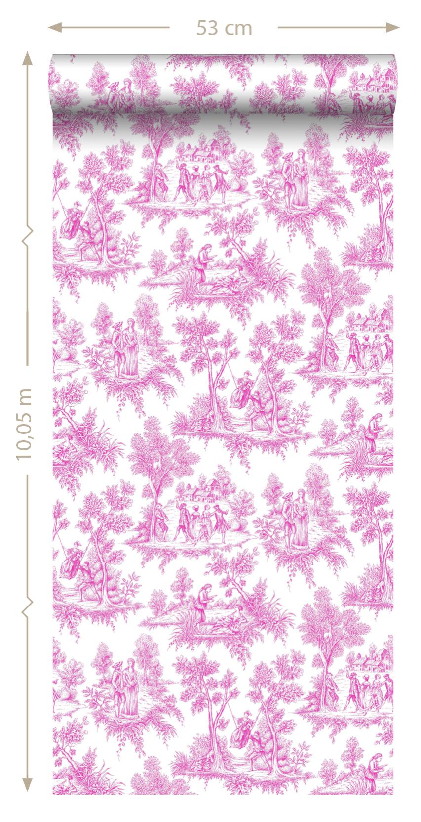 Papier Peint Intissé Toile De Jouy Rose - 53 Cm X 10,05 M - Estahome