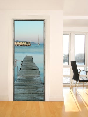 Sticker décoratif pour porte, trompe l'oeil encadrement de porte, paillote  avec les palmiers, sable blanc, bord de mer, sur une île, 204 cm X 60 cm