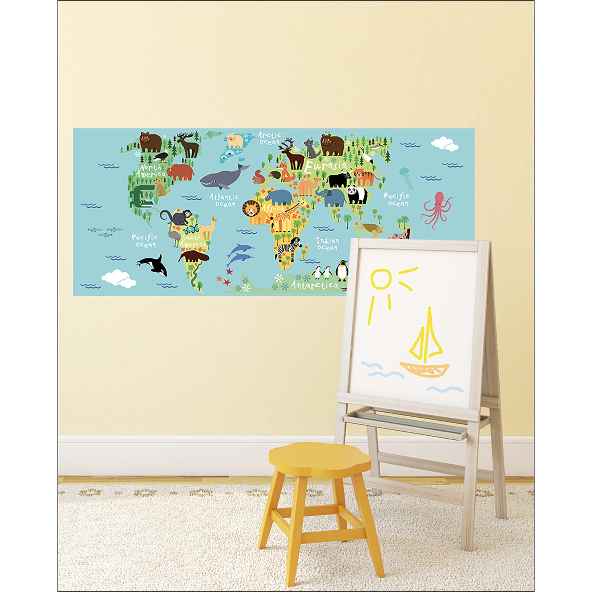 Sticker décoratif autocollant, carte du monde animaux, éducatif