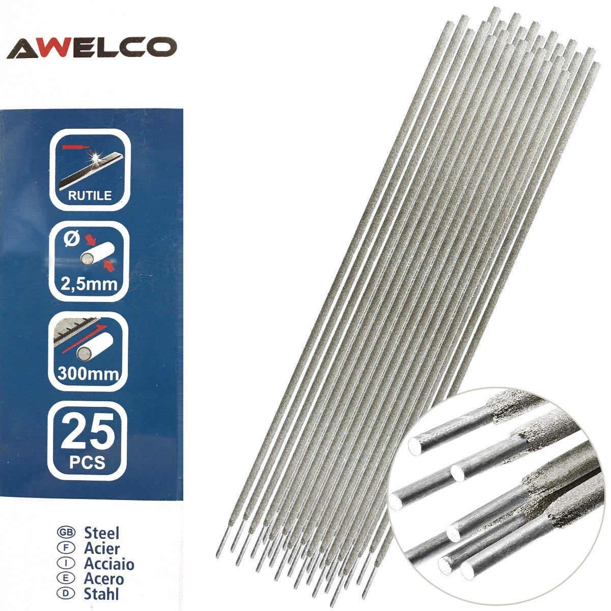 Electrodos de rutilo 2,5 x 300 mm 25 piezas AWELCO Varilla para soldadura  al arco revestida Acero