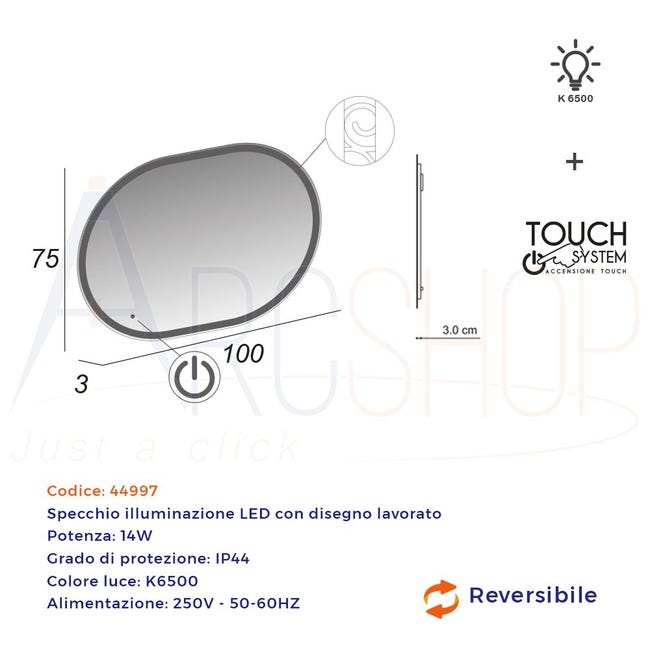 Specchio LED touch ovale con disegno intarsiato