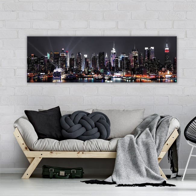 Stampa Su Tela New York di notte Panorama 145x45 cm XXL Quadri Moderni  Decorazione murale per soggiorno camera da letto cucina pronta da appendere