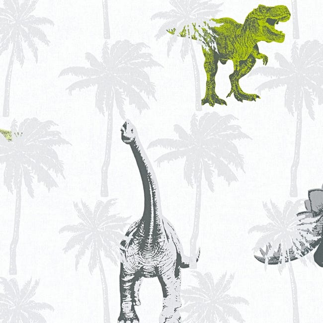 Papel pintado dinosaurios verde, gris y blanco - 53 cm x 10,05 m .  Création | Leroy Merlin