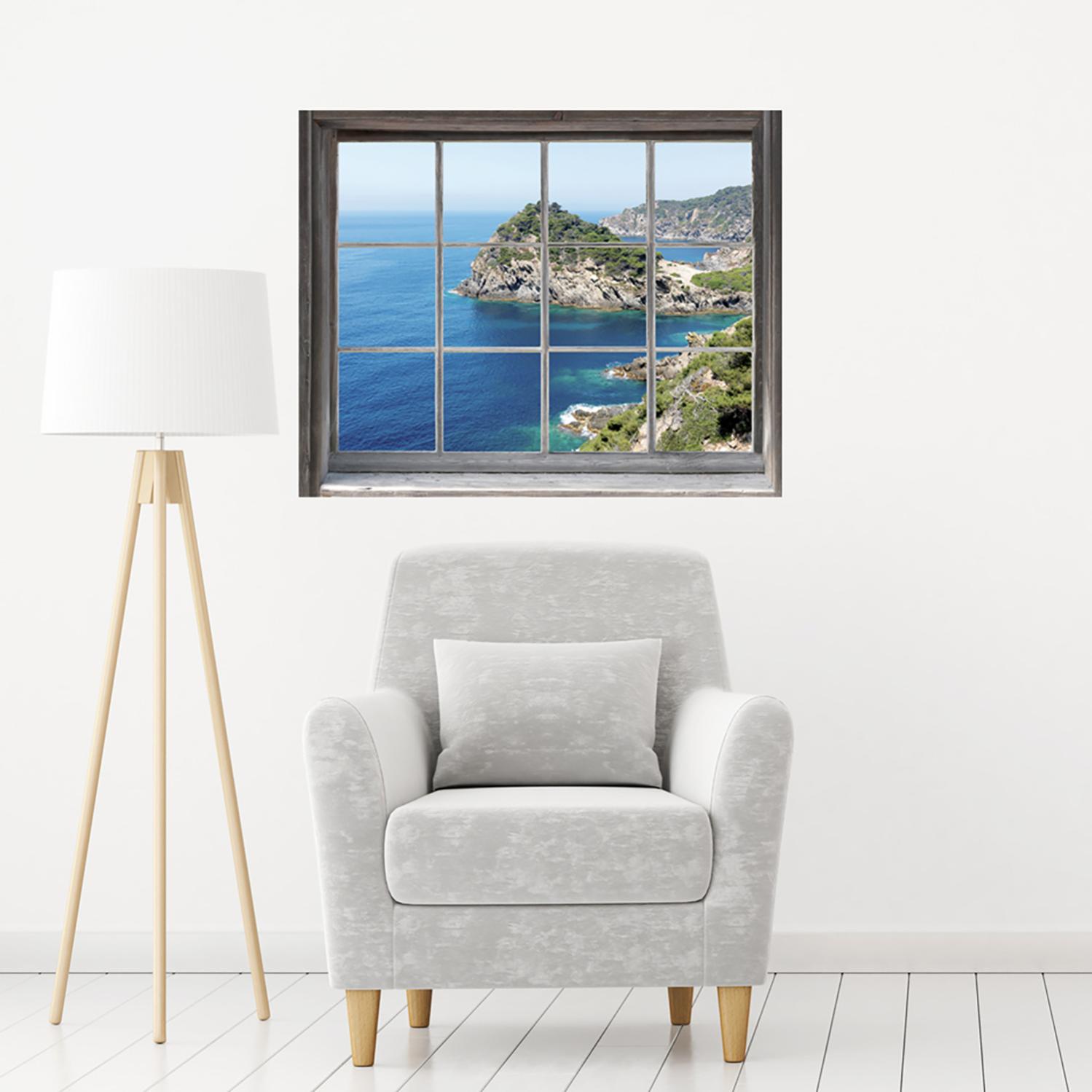 Ventana de pegatina decorativa en trompe l'oeil effect 3d, vista del mar junto a la ventana con magníficas rocas, 60 cm x 75 cm