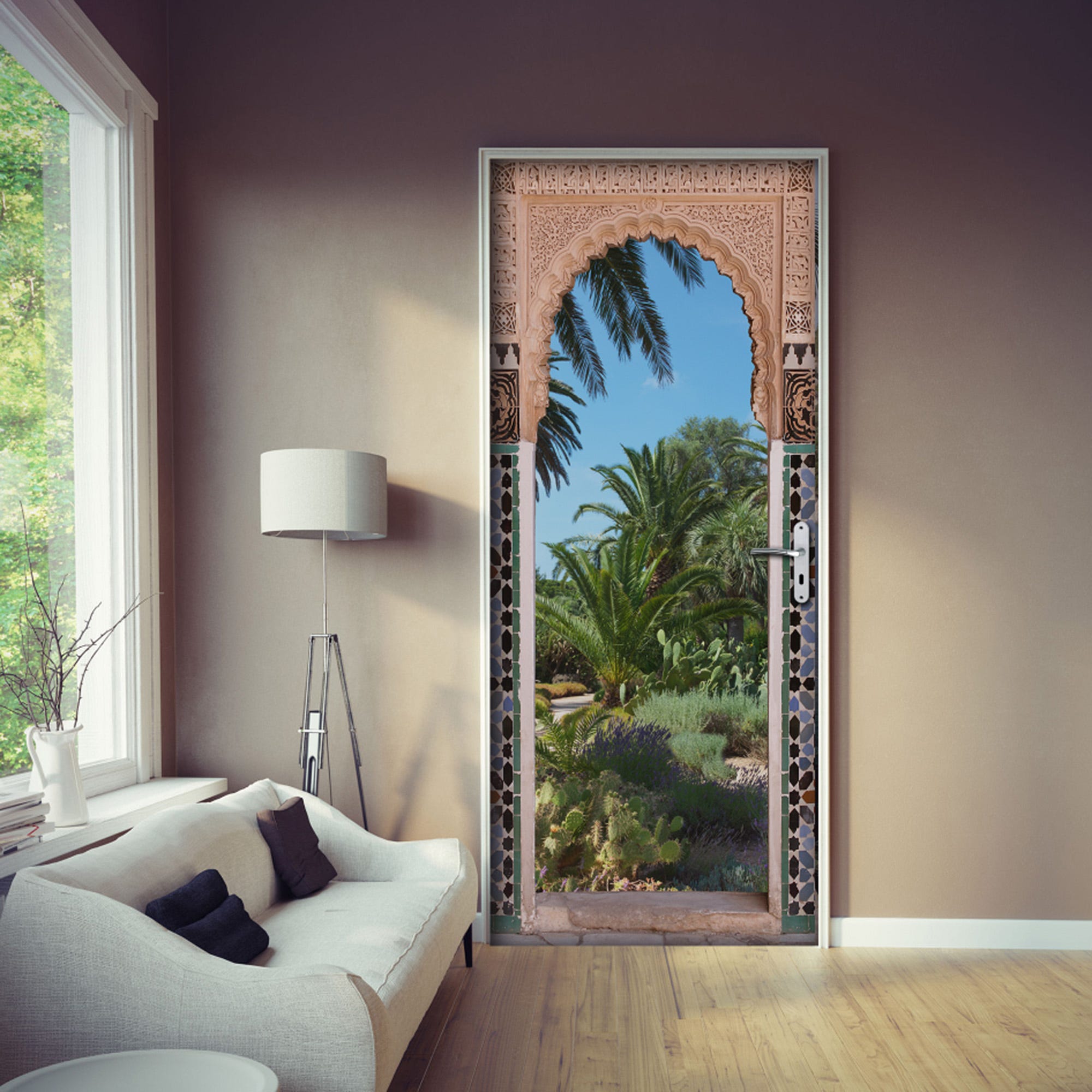 Sticker décoratif pour porte, trompe l'oeil porte arcade orientale,vue sur  les jardins de palmiers et de cactus, 204 cm X 83 cm
