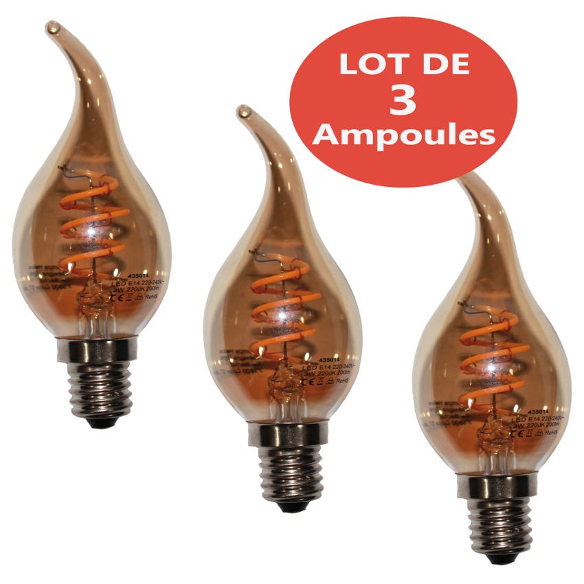 Lot de 3 Ampoules LED - Culot E14 - Flamme filament spirale - Verre ambré -  3W - 2200 K