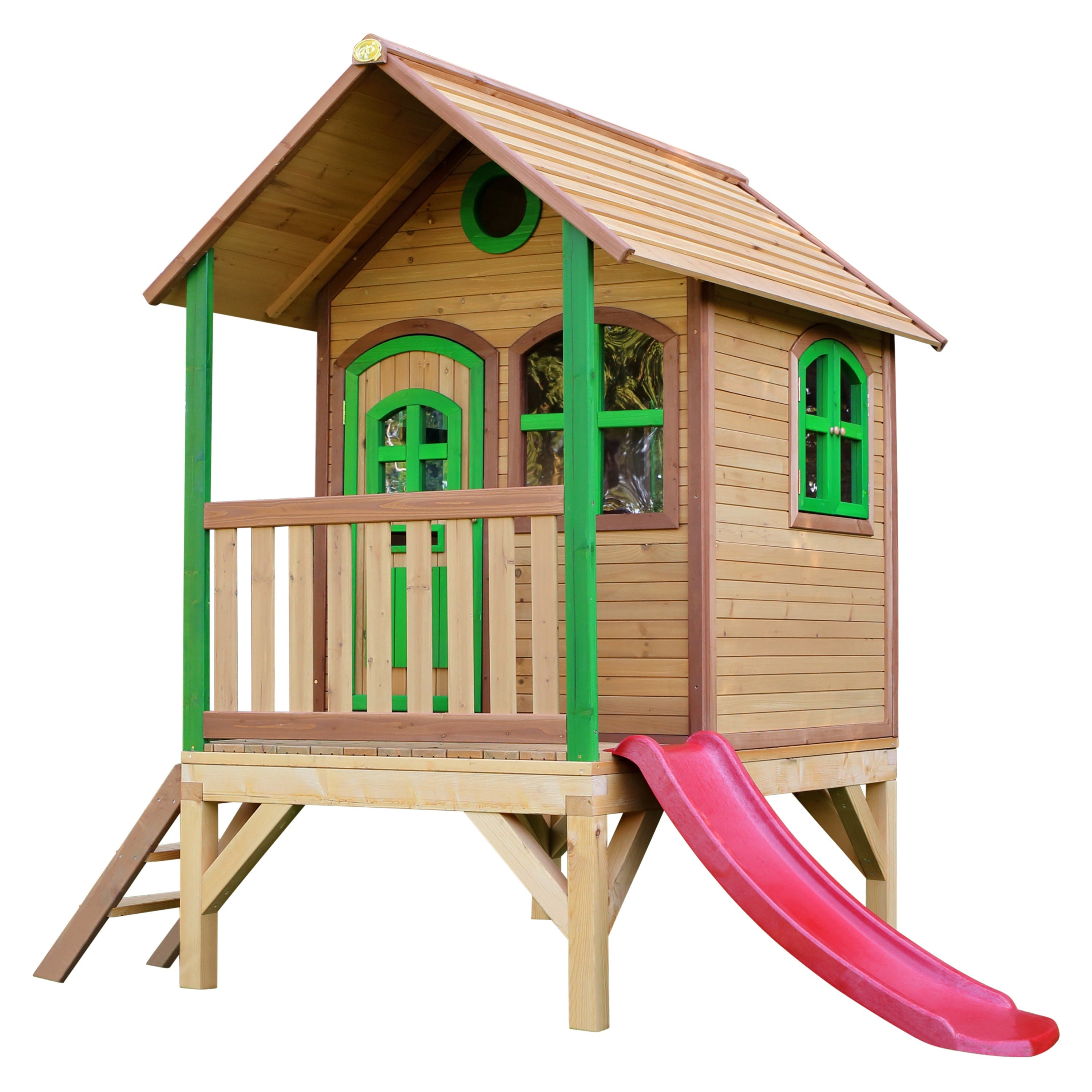 AXI Tom Casa Bambini con pavimento e scivolo rosso, Casetta da gioco per  giardino / esterno in marrone e verde in legno FSC, Parco giochi per