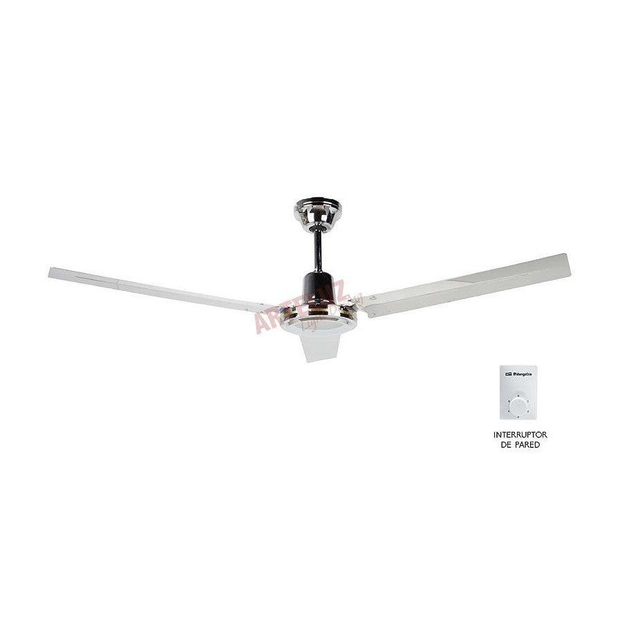 Ventilatore da soffitto cromato senza luce, 120 cm. Interruttore a parete.