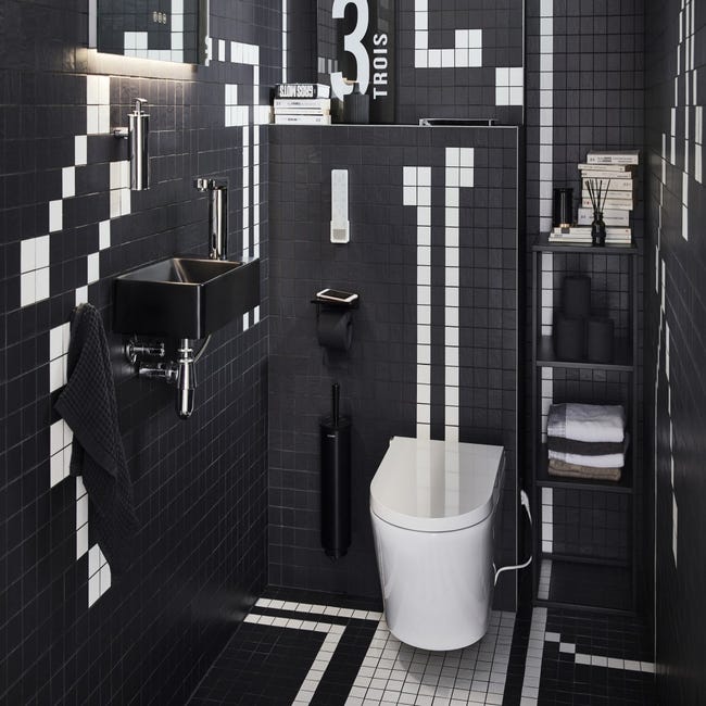Portarrollos para baño con repisa fabricado en aluminio con acabado negro  Quick Sonia Bath