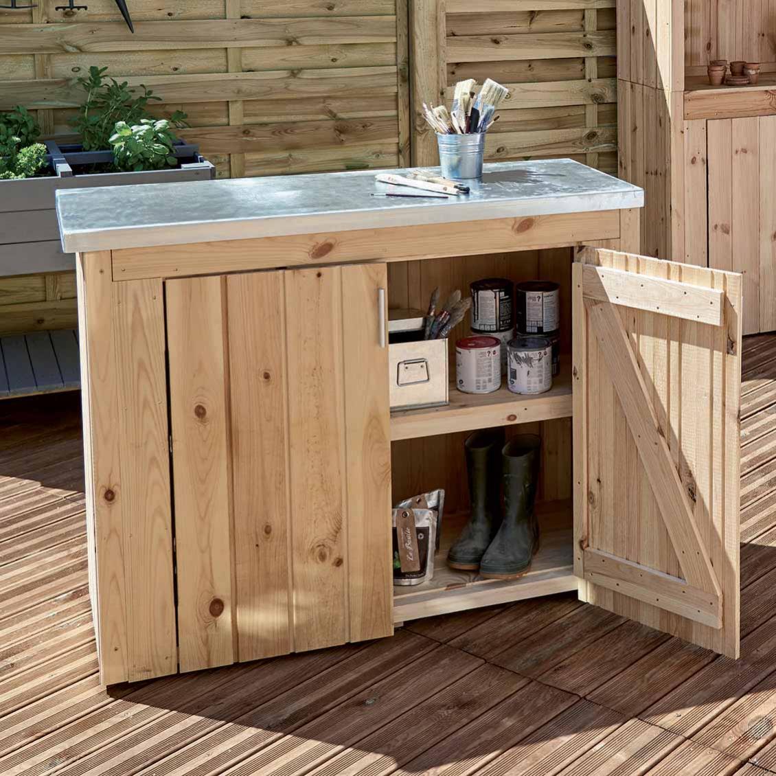 Armoire Basse De Jardin En Bois Ania, 2 Étagères - 108 X 46 X H.91 Cm