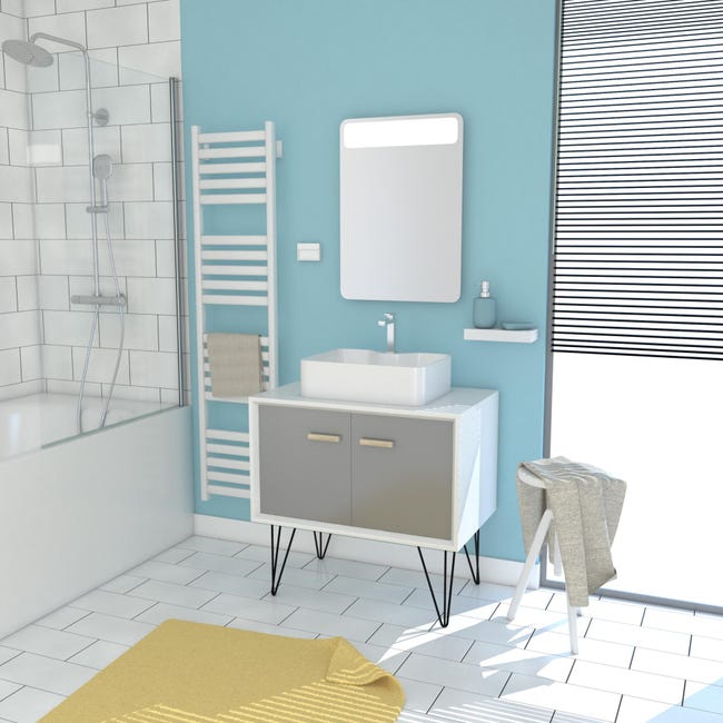 Meuble Salle De Bain Scandinave Blanc Et Gris 80 Cm Sur Pieds Portes Vasque A Poser Miroir Led Leroy Merlin